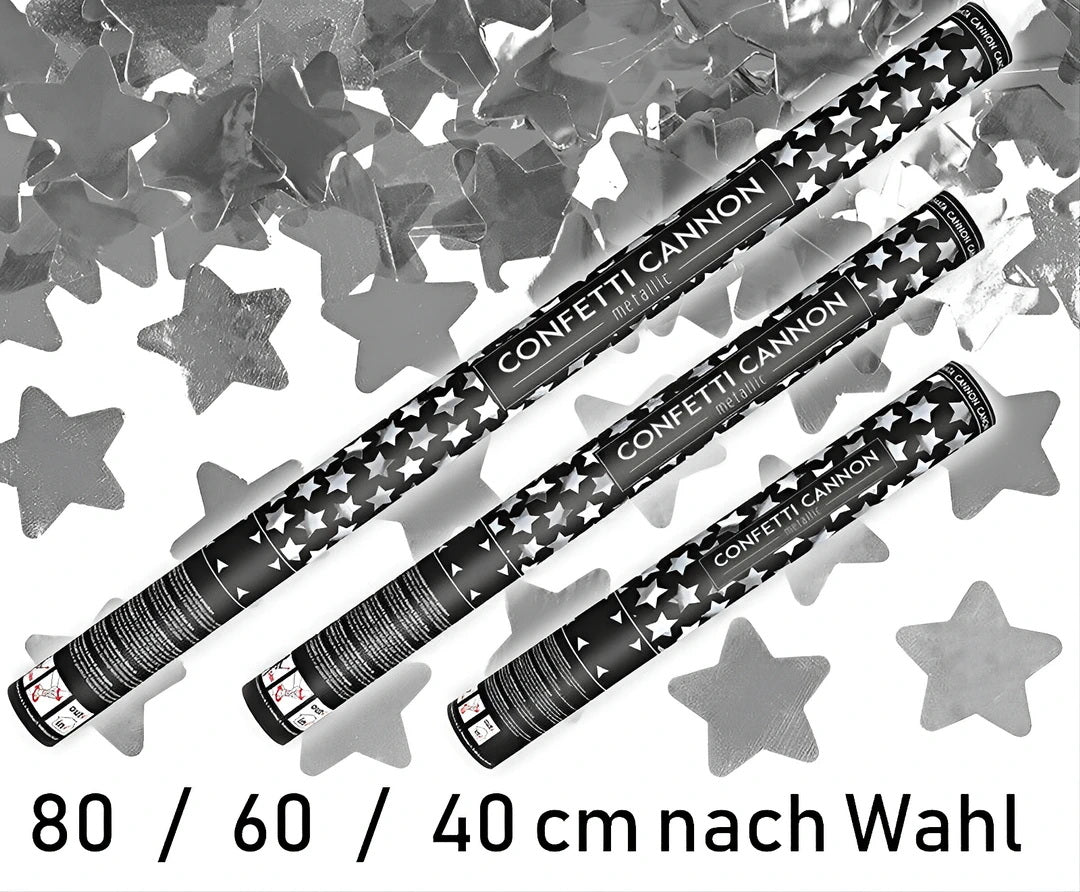Konfettikanone kaufen: Konfettishooter in 40, 60, 80 cm Größen mit Party Mix aus Papier- und Metallic-Konfetti, ideal für unvergessliche Events.