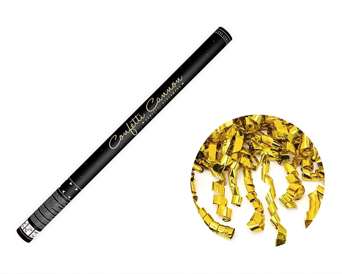 Konfettikanone kaufen - 60 cm Rohr mit goldenen Papier- und Metallic-Konfetti; ideal für Partys, die unvergesslich werden sollen.