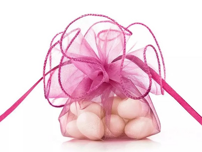 20 Geschenkbeutel Organza | Ø 6 cm - rund in Rosa mit Satin-Zugverschluss, ideal für kleine Geschenke wie Gastgeschenke auf Hochzeiten.