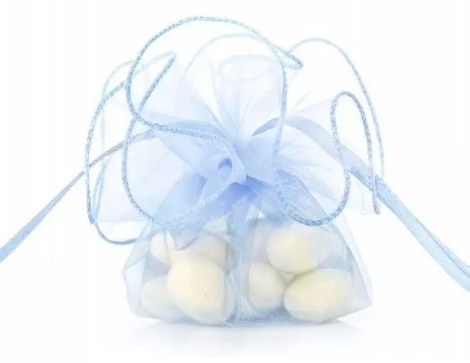 Blauer organza geschenkbeutel 6cm rund mit Satin-Zugverschluss, ideal für kleine Geschenke auf Hochzeiten oder Geburtstagen.