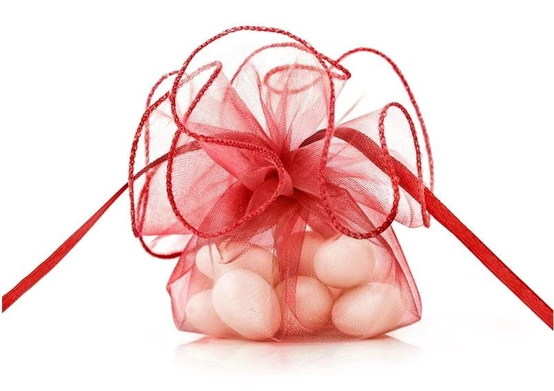 20 Geschenkbeutel Organza | Ø 6 cm - rund mit Satin-Zugverschluss in Rot, ideal für Gastgeschenke auf Hochzeiten und Geburtstagen.