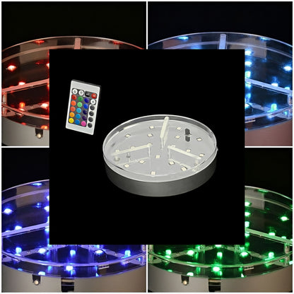 LED RGB Multicolor Platte mit Fernbedienung, leuchtet in 16 Farben, betrieben mit 3x AA Batterien, Abbildung mit Fernbedienung