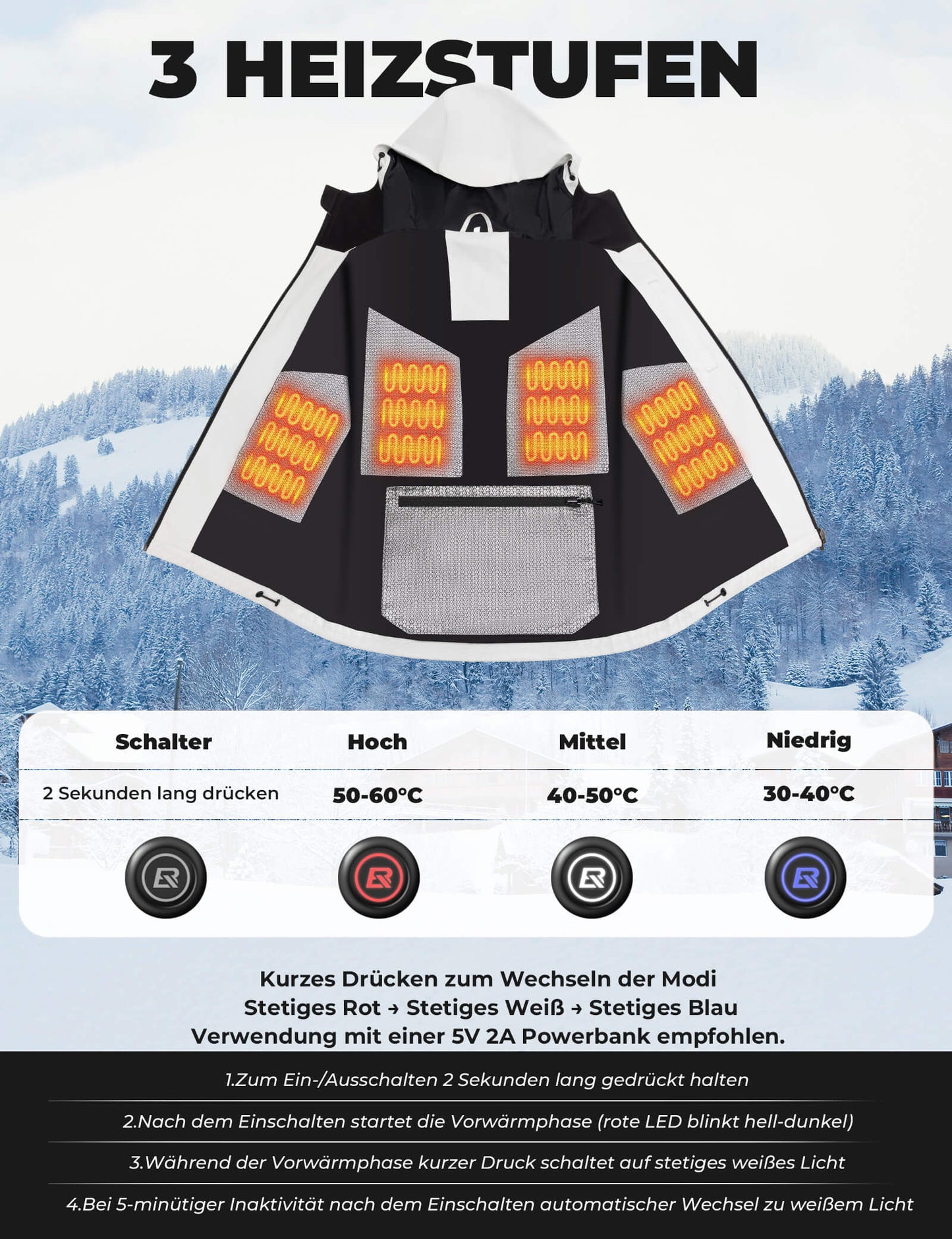 ROCKBROS Beheizbare Fahrradjacke mit Typ-C-Anschluss