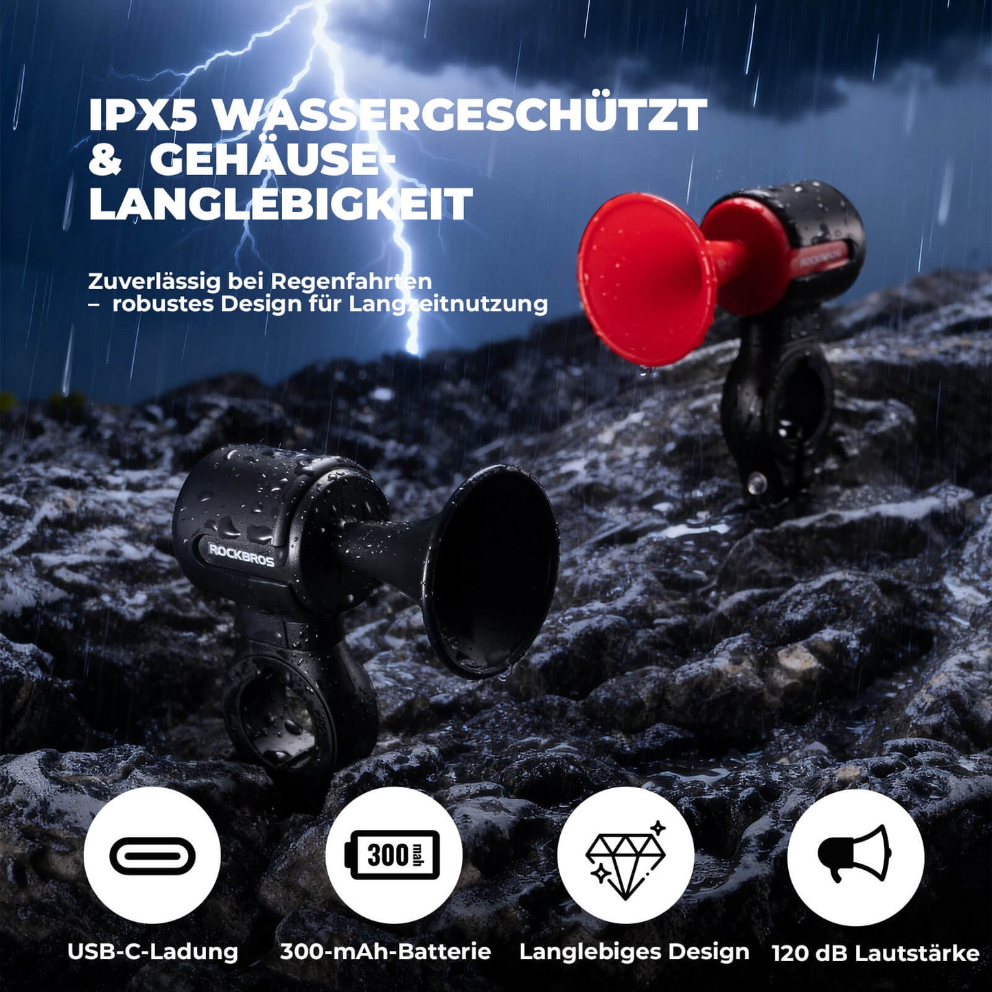 ROCKBROS Fahrradklingel Elektrisch 120dB Ton IPX5 Wasserschutz Smartphone Tracking