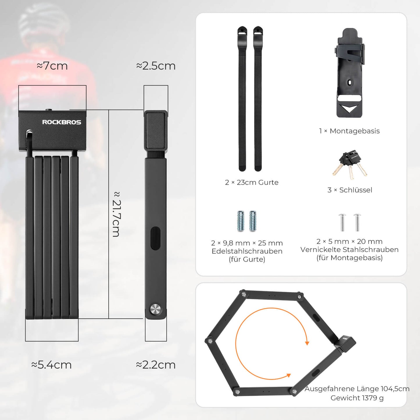 ROCKBROS Faltschloss Fahrradschloss 104 cm Faltbares