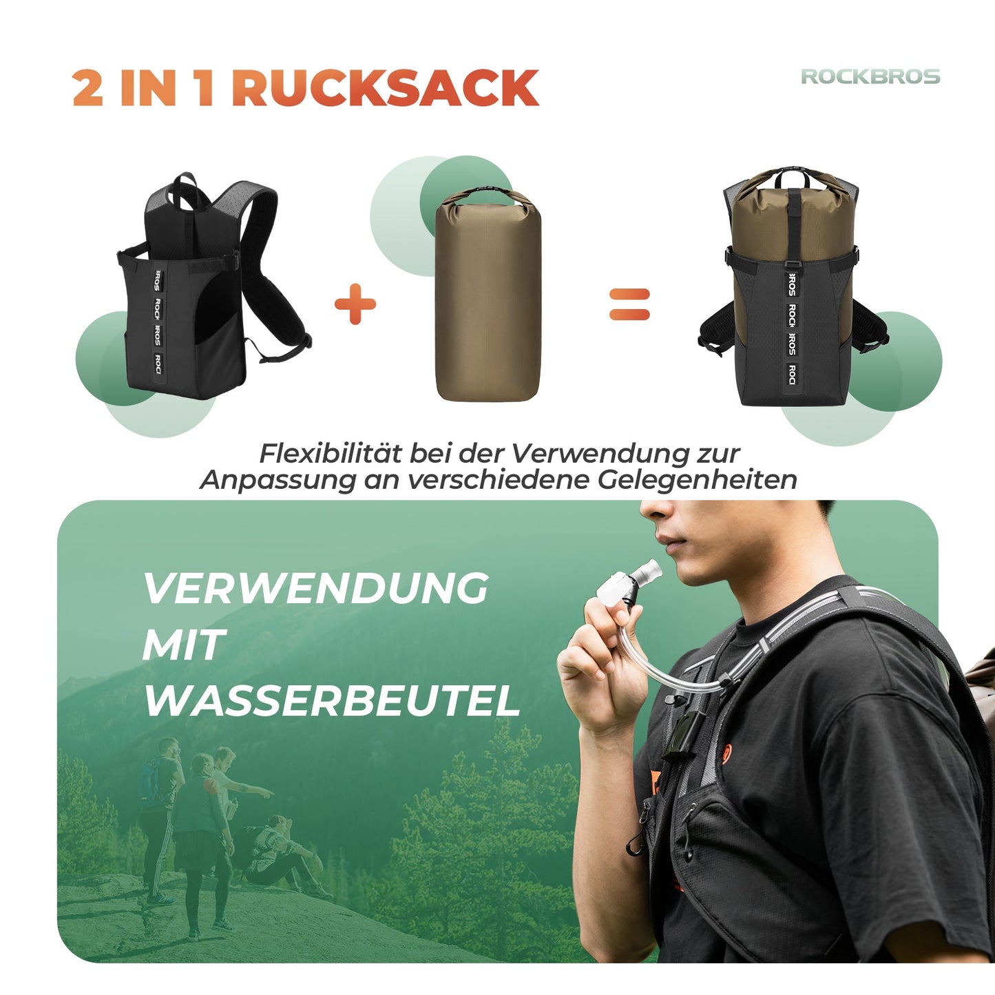 ROCKBROS Wanderrucksack Wasserdicht Split 2 in 1 Rucksack für Fahrrad 24L