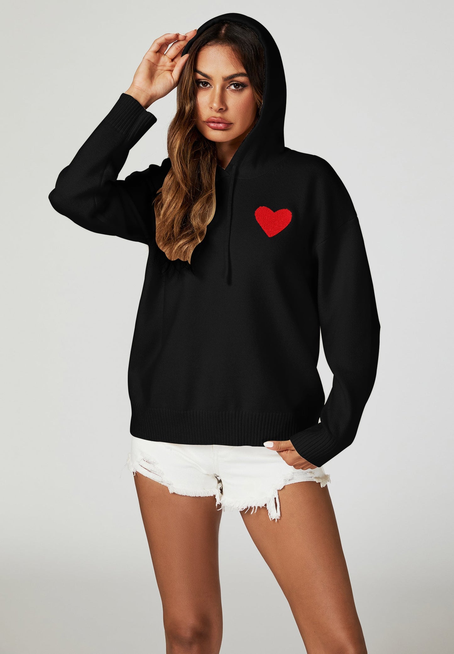 Strickhoodie mit Herzstickerei