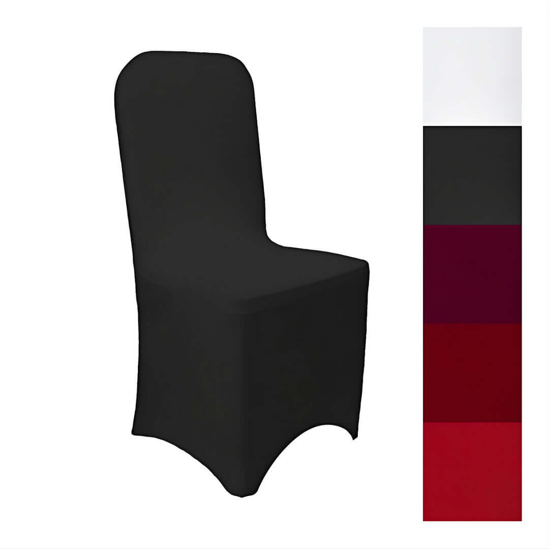 Stuhlhussen Stretch in Schwarz mit Farbmustern, elastisch und robust, ideal für Hochzeiten und Feiern, passt auf diverse Stühle.
