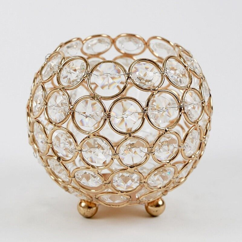 Runder Teelichthalter Glas Metall Gold mit elegantem Design und stilvoller Dekoration, ideal für Teelichter, 10 cm Höhe und Breite.