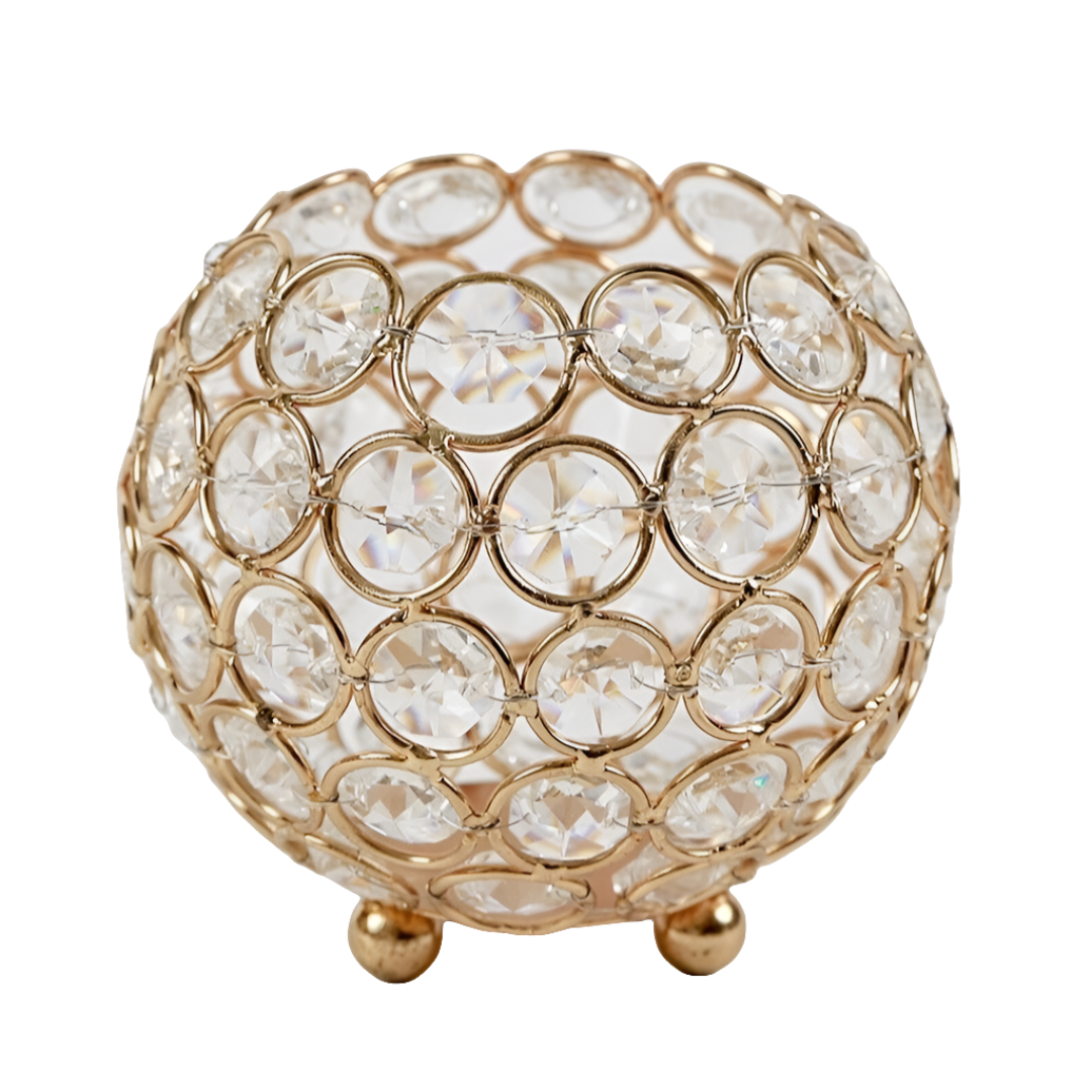 Eleganter Teelichthalter Glas Metall Gold, rundes Design, ideal für moderne Dekorationen, Breite 10 cm, Höhe 10 cm.