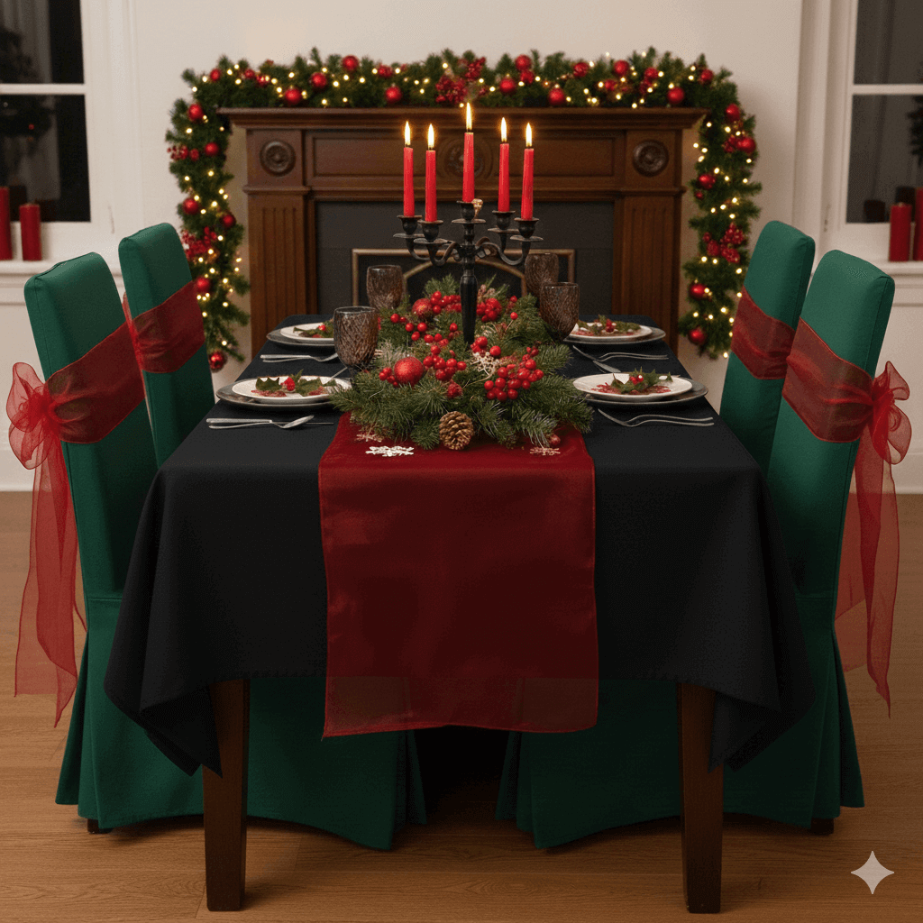 Dekorationset für Weihnachten auf einem festlich gedeckten Tisch mit Kerzen, Tannenzweigen und roten Akzenten für gemütliche Feiertage.