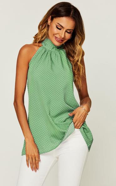 Neckholder-Top mit weißem Polka-Dot in Grün