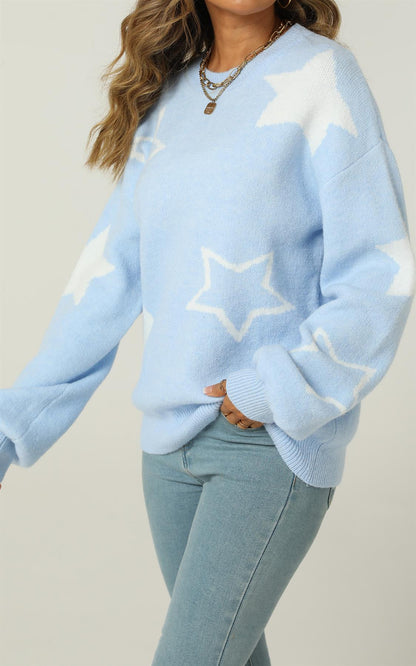 Relaxed Soft Comfy White Star Pattern Jumper Top In Blue
