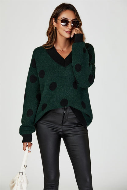 Wool Blended V Neck Jumper In Green & Black Polka Dot