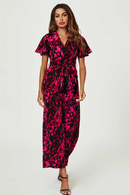 Pink Abstract Print Wrap Top Jumpsuit In Black