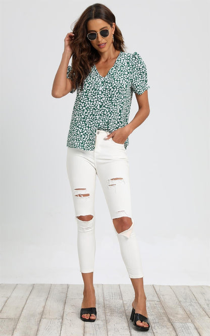 Short Sleeve Buttoned Blouse Top In Green & White Flora  Print