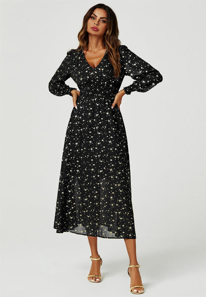 Gold Star Foil Long Sleeve Maxi Dress In Black