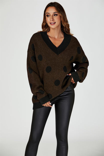 Wool Blended V Neck Jumper In Brown& Black Polka Dot