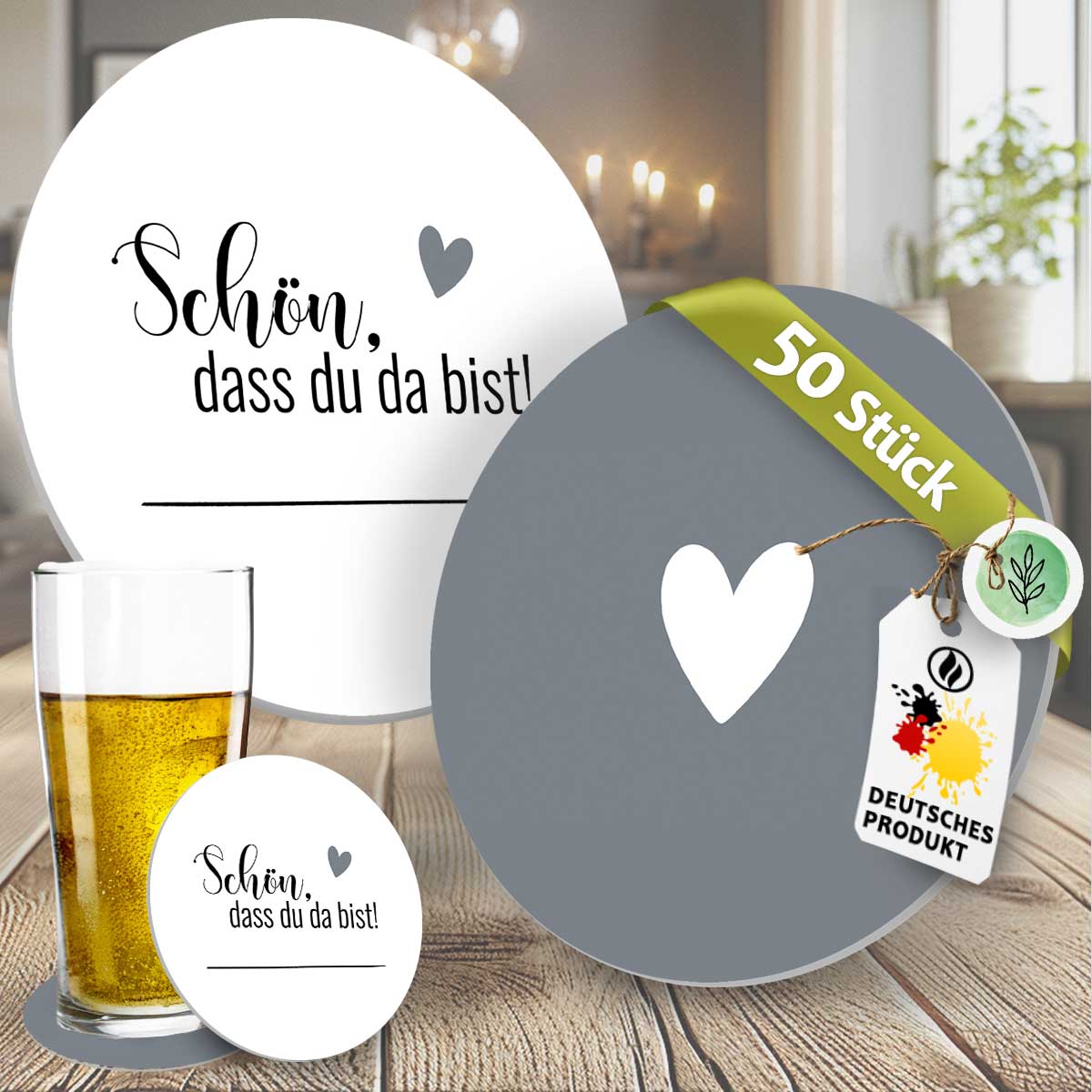 50 Bierdeckel Schön, dass du da bist Herz, Hochzeit Grau