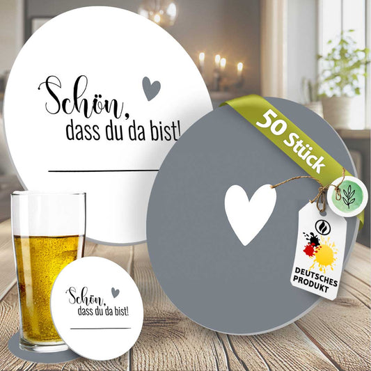 50 Bierdeckel Schön, dass du da bist Herz, Hochzeit Grau