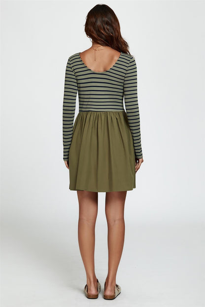 Long Sleeve Stripe Mini Dress In Olive