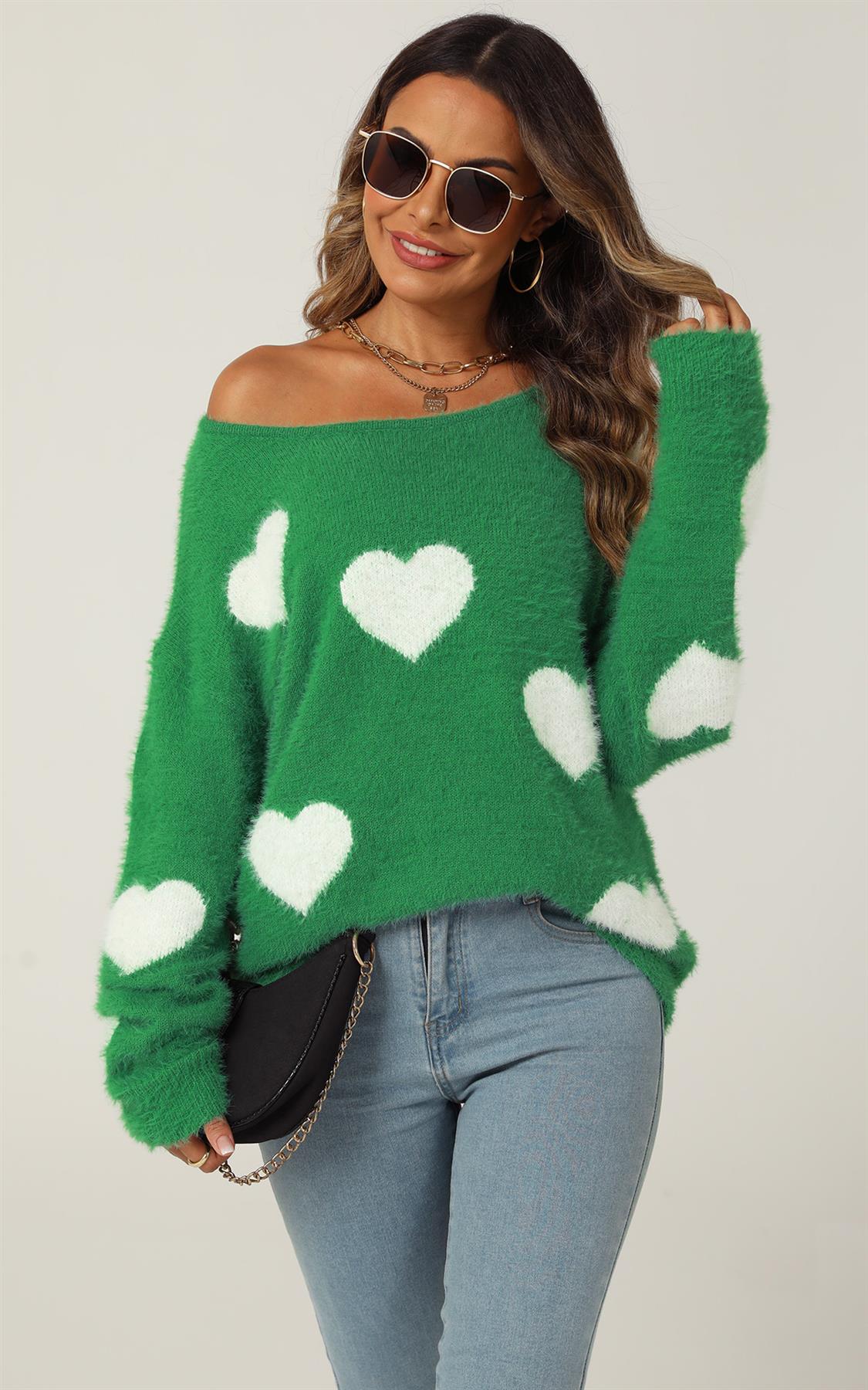 Relaxed Comfy White Heart Pattern Jumper Top In Green