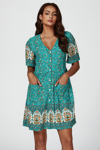 Print Boho Mini Dress In Green