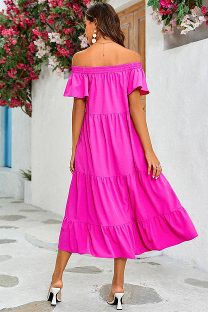 Off Shoulder Bardot Frill Midi Dress In Fuchsia Pink