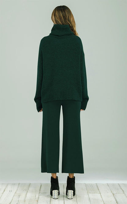 Wool Blended Jumper Top With High Neck In Dark Green