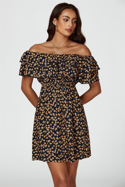 Floral Print Bardot Frill Mini Dress In Navy