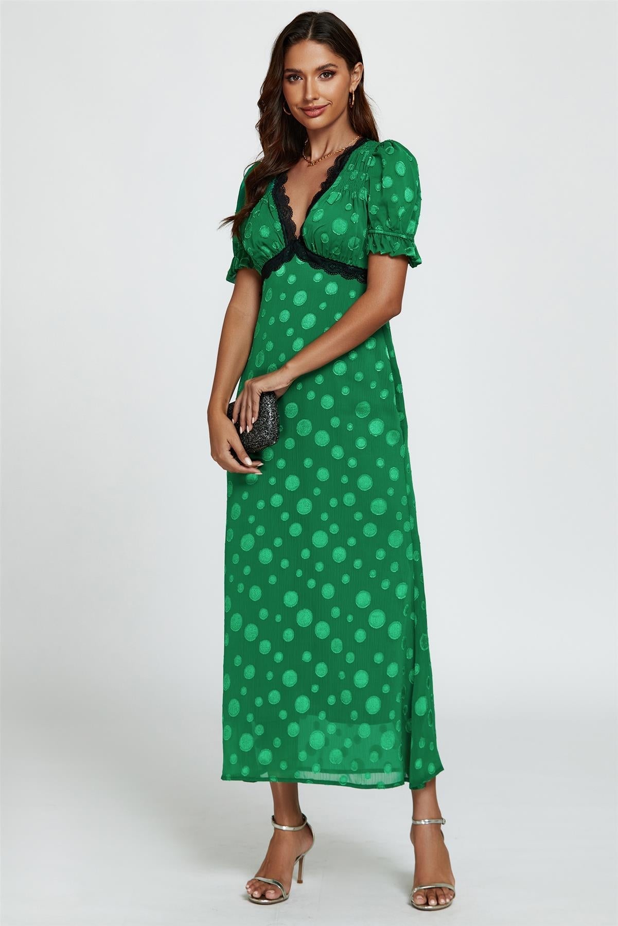 Polka Dot Jacquard Lace Trim Midi Dress In Green