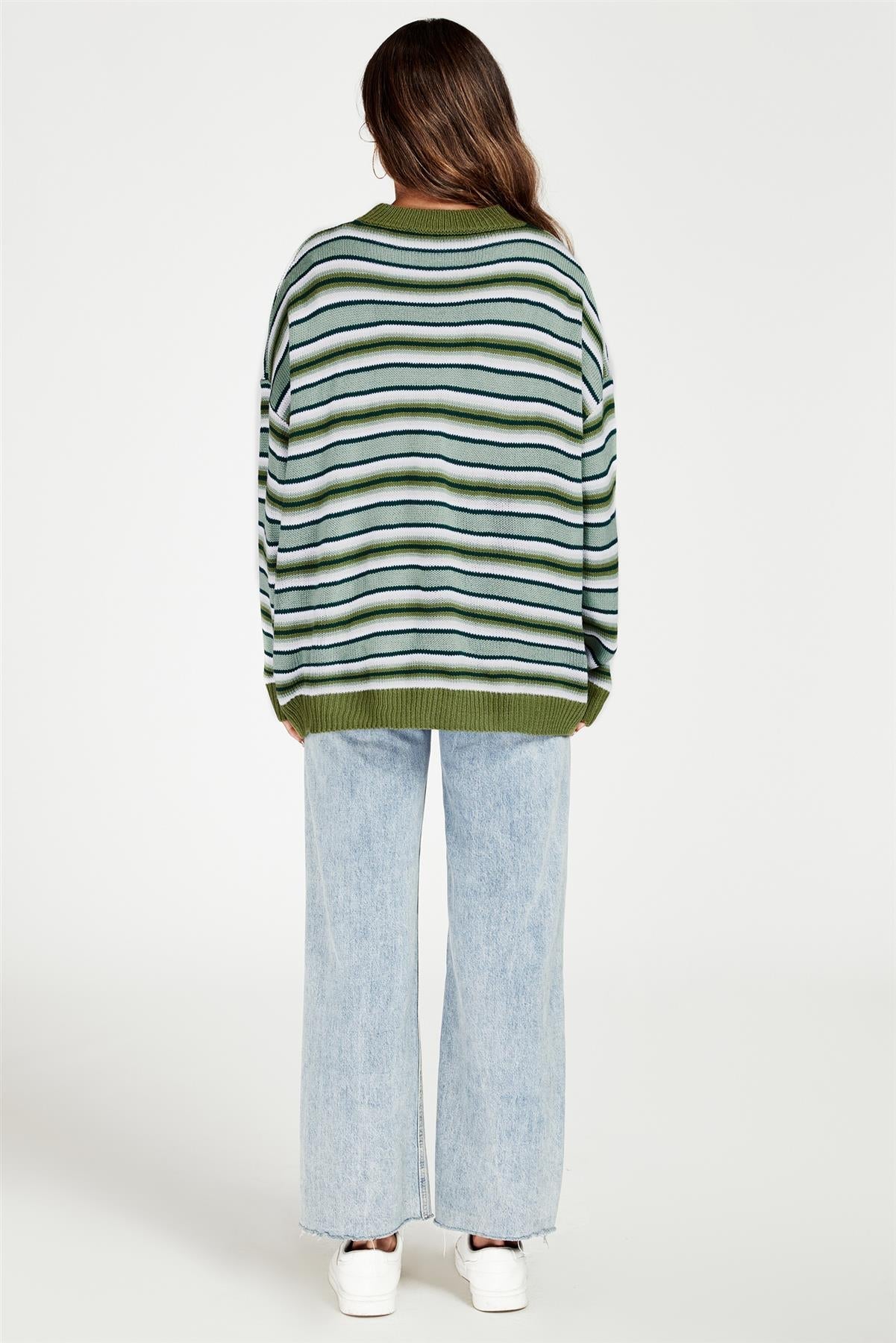 Stripe Block Relaxed Knit Jumper Top In Green