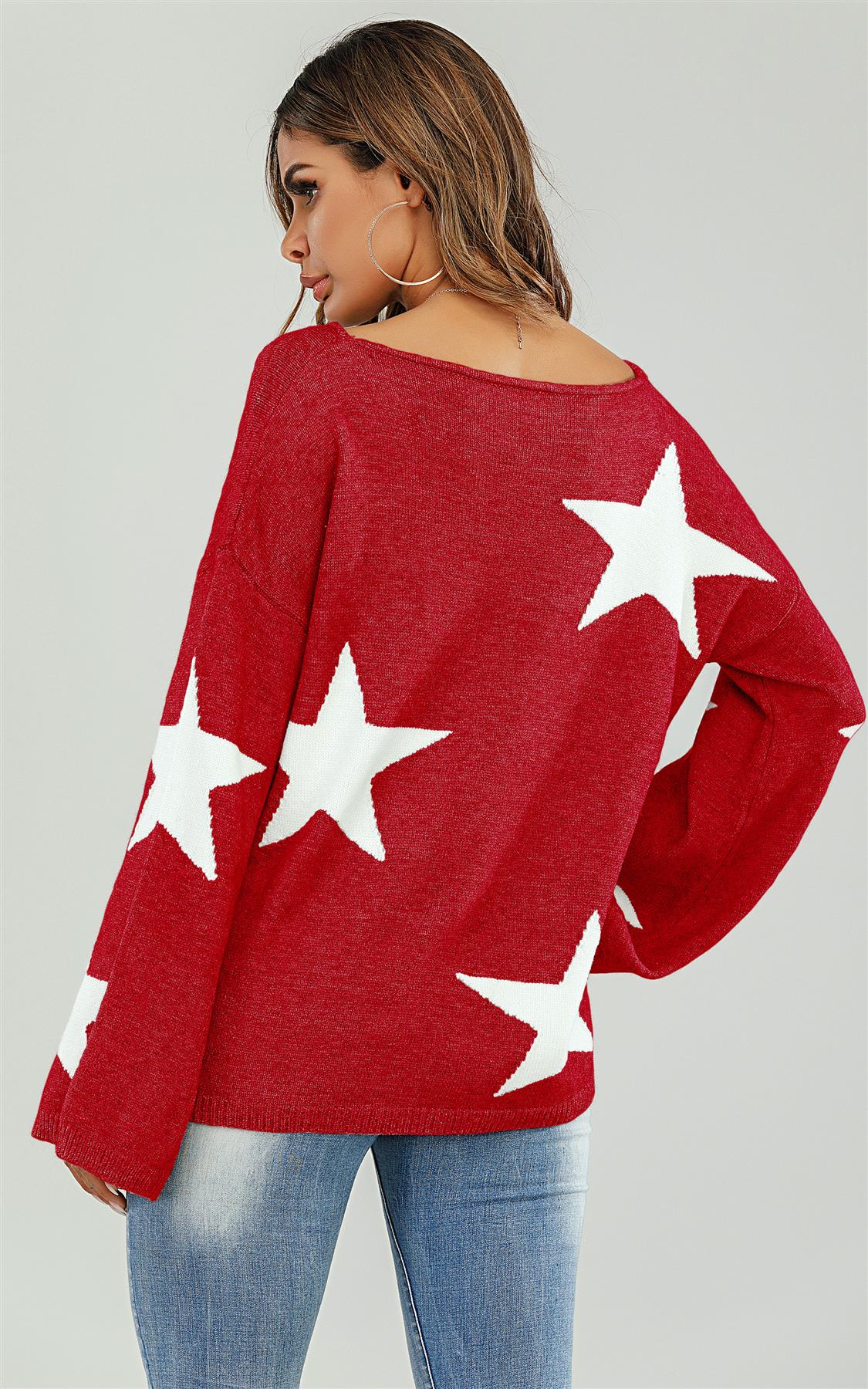 Wide Sleeve Oversize Red Jumper With White Star