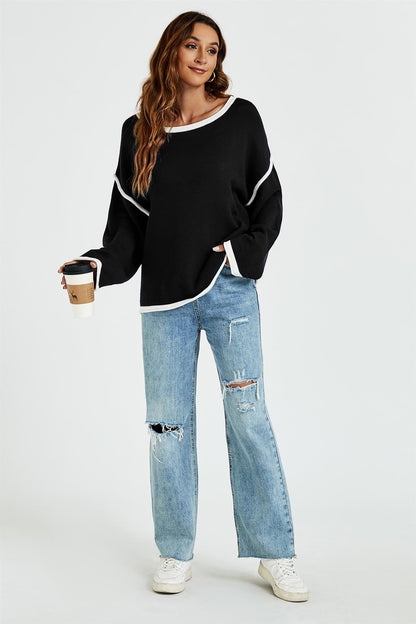White Striped Oversized Jumper Top In Black