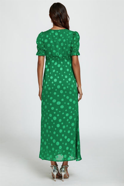 Polka Dot Jacquard Lace Trim Midi Dress In Green