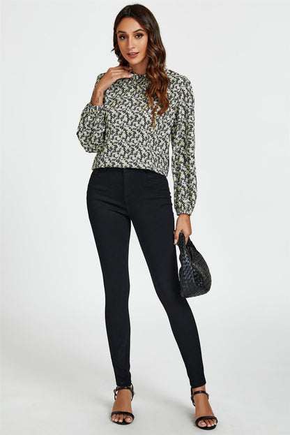 Multi Floral Print Frill Detail High Neck Top In Yellow