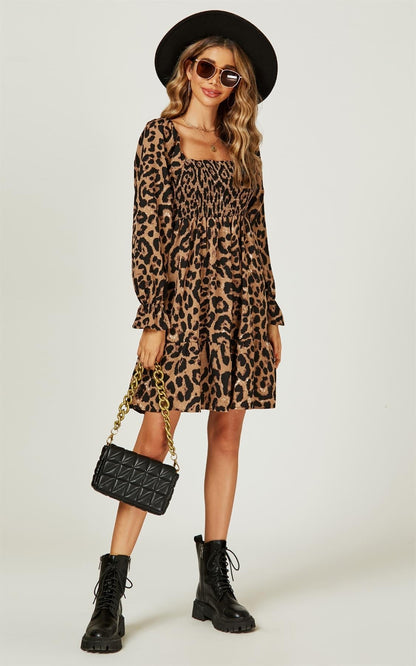 Square Neck Puff Sleeve Mini Dress In Leopard Print