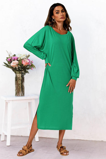 Oversized Midaxi Long Sleeve Slit Jersey Dress In Green