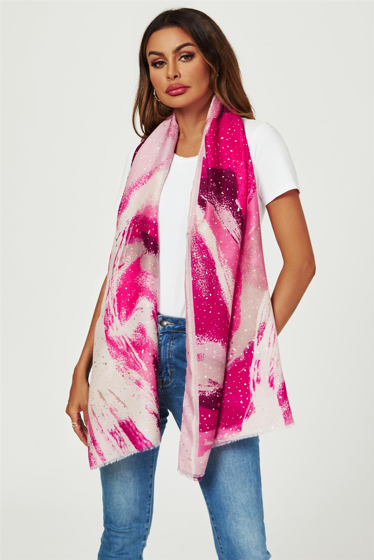 Gold Foil Abstract Brush Print Fringed edges Scarf In Pink
