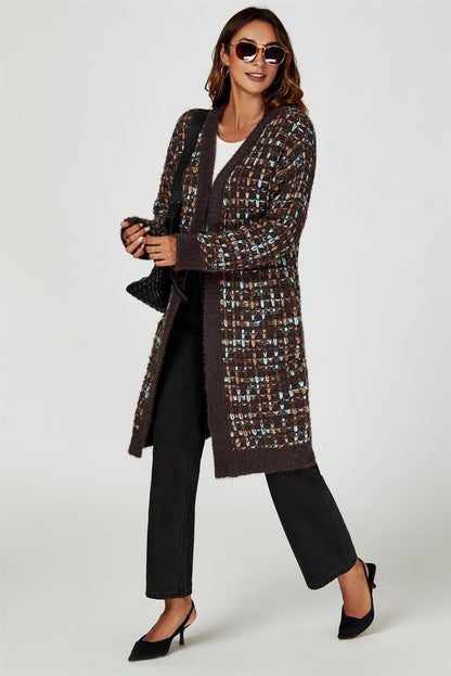 Boucle Check Cardigan In Brown With Multicolour Speckles