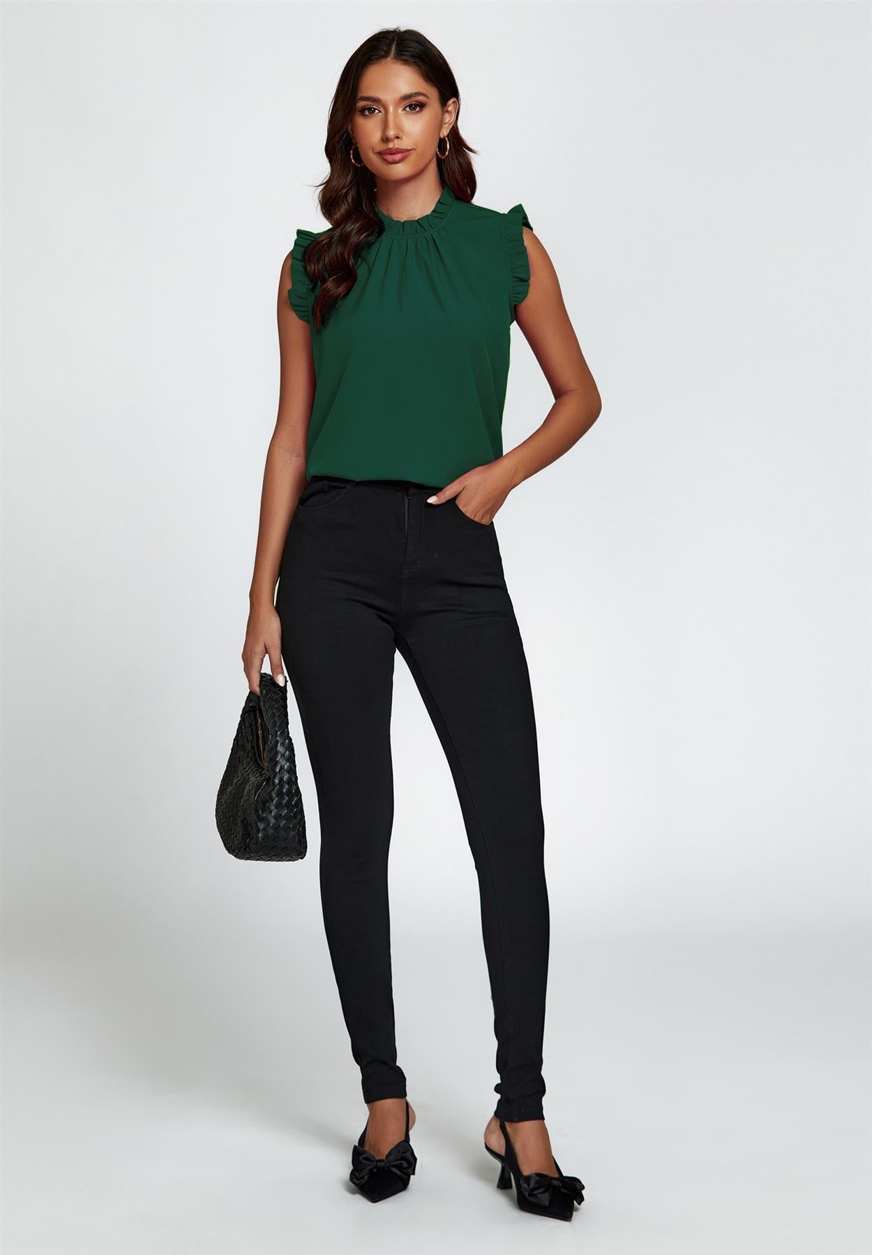 Frill Trim Sleeve Frill Neck Blouse Top In Dark Green