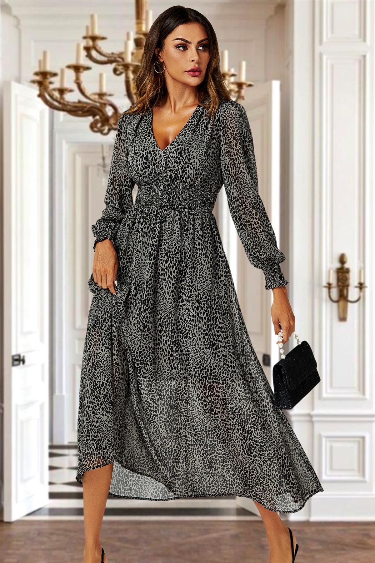 Leopard Print Long Sleeve Maxi Dress In Grey