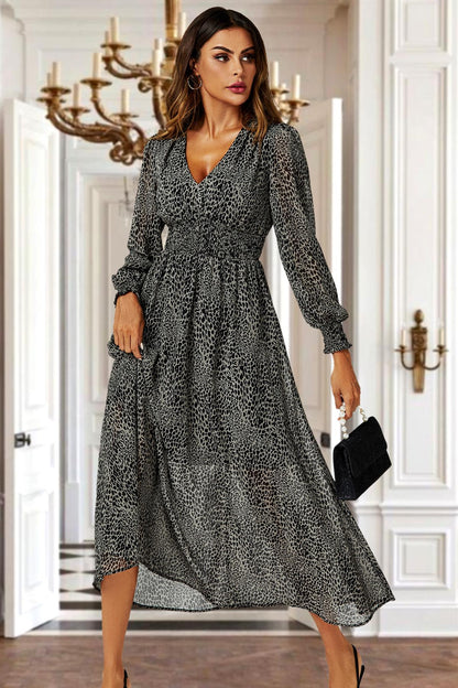Leopard Print Long Sleeve Maxi Dress In Grey