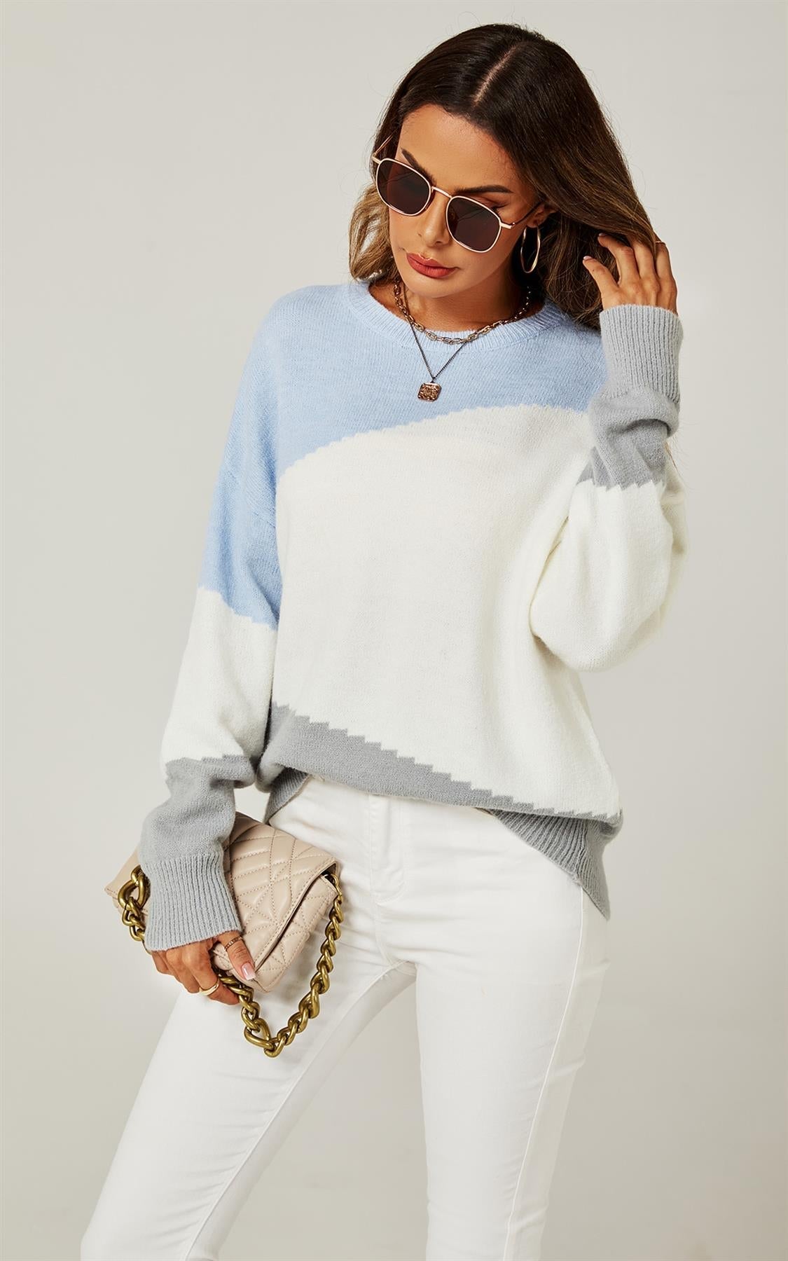 Relaxed Grey & White Block Colour Jumper Top In Blue
