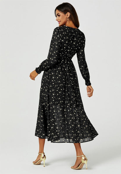 Gold Star Foil Long Sleeve Maxi Dress In Black