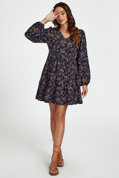 Little Floral Print V Neck Mini Dress In Navy