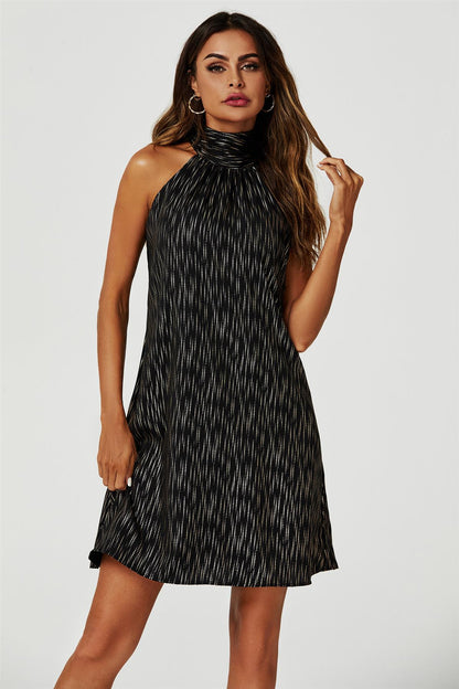 Gold Foil Halter Neck Tie Back Mini Dress In Black