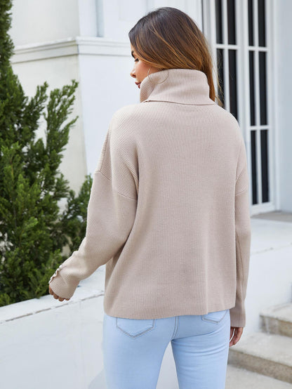 Button Detail On Sleeve Jumper Top With High Neck In Beige
