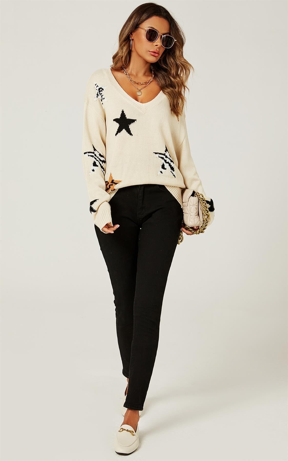 Relaxed Soft V Neck Animal Star Pattern Jumper Top In Beige