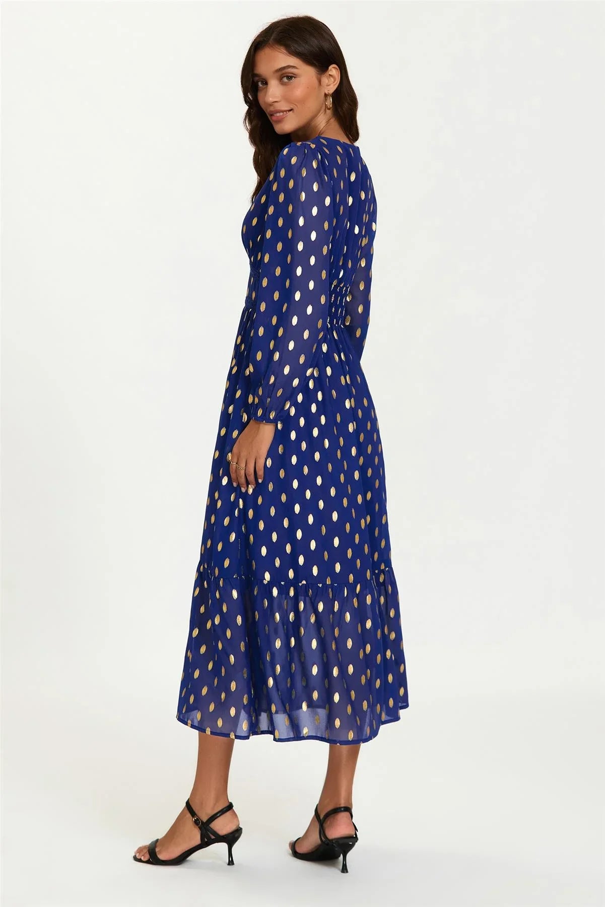 Lace Trim Foil Long Sleeve Maxi Dress In Royal Blue